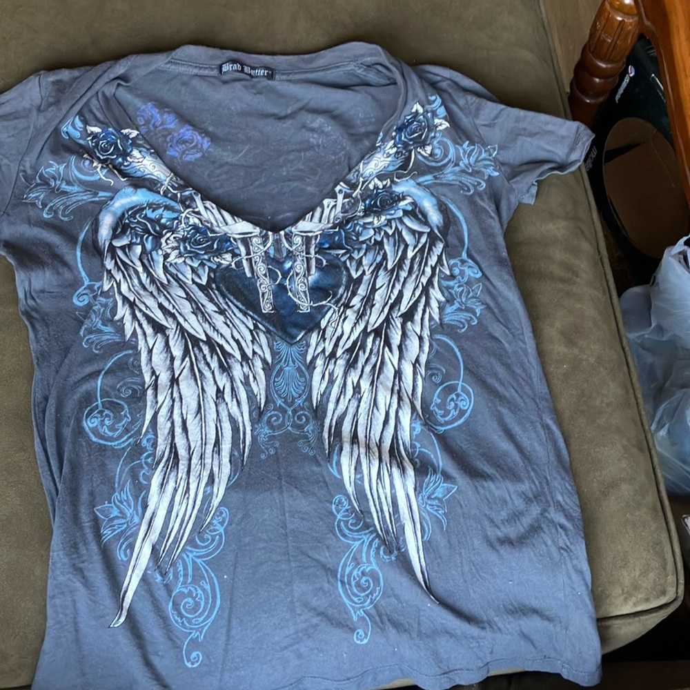Brad Butter woman’s gray blue size L shirt front and back angel wings design